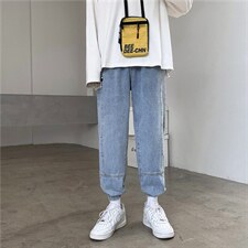 韩版贴布潮流松紧腰宽松哈伦束脚牛仔裤INS男休闲运动裤Q68，男装牛仔裤，星座302B