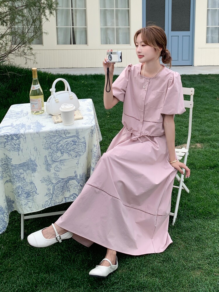 甜美超火粉色泡泡袖半身裙套装女夏2025新款独特漂亮巨好看两件套,女装套装/套裙,素月