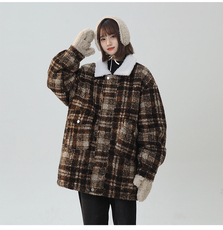 毛呢秋冬格子大衣翻领羊羔绒加绒加厚棉服宽松外套A170-M808-TP95，男装棉衣，电商A170