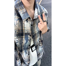 美式扎染格子衬衫短袖男女同款夏季衬衣半袖外套DC2240-特价P25，男装T恤，电商A007