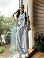 女夏季新款时尚运动套装宽松显瘦圆领拼接短袖上衣阔腿长裤两件套，女装套装/套裙，江南