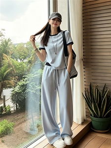 女夏季新款时尚运动套装宽松显瘦圆领拼接短袖上衣阔腿长裤两件套图片