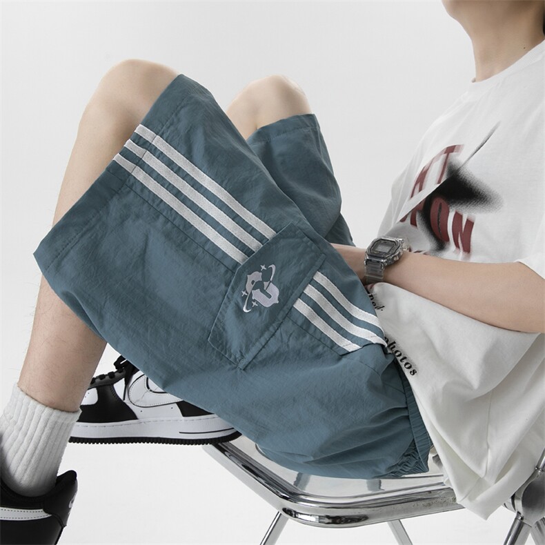 美式侧边条纹直筒宽松短裤男2024夏季新款休闲运动潮工装五分裤,男装牛仔裤,星座410-7