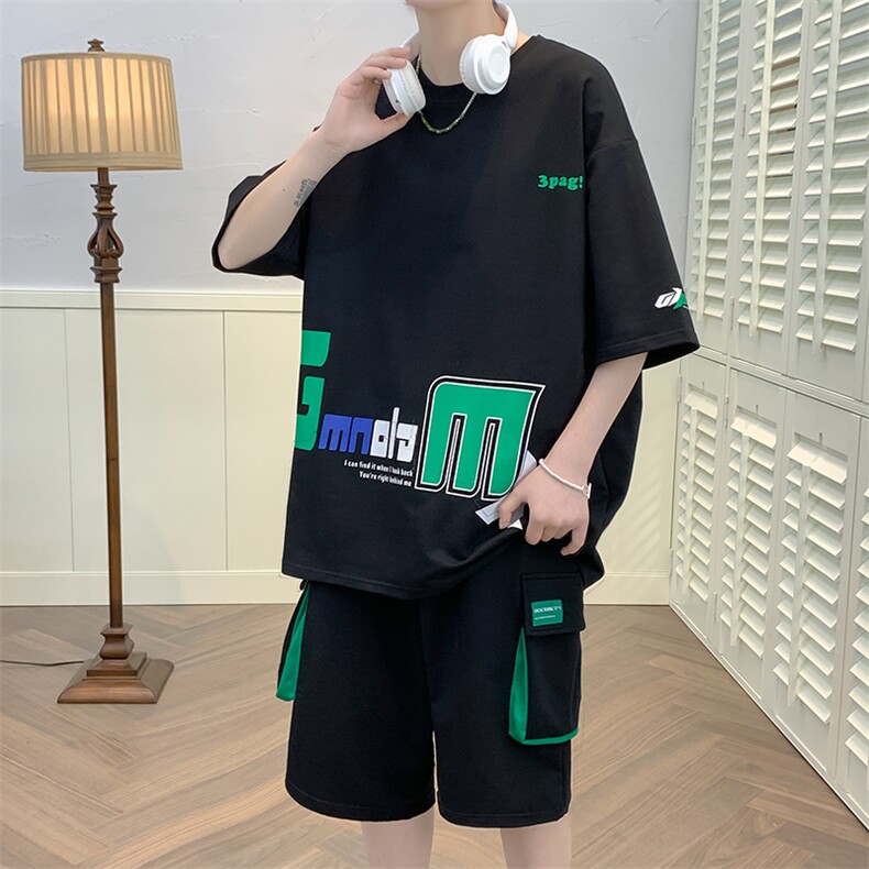 新款夏季短袖T恤工装裤短裤套装港风纯棉宽松潮男装DF320TP65图片