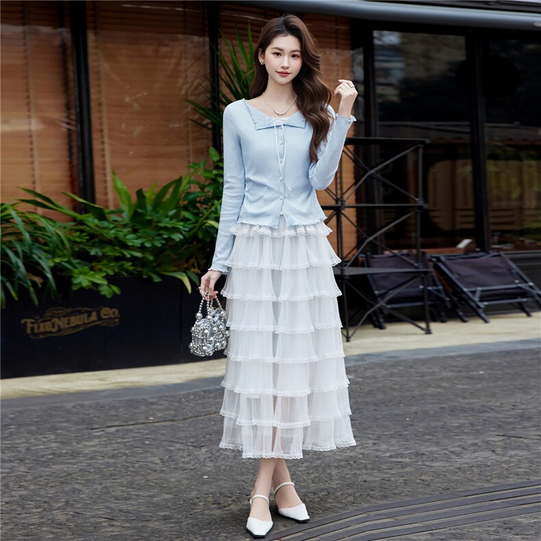 现货2026年春季气质优雅时尚潮流通用女针织衫上衣蕾丝连衣裙套装，女装套装/套裙，奋斗女王