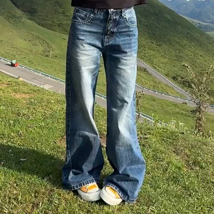 Y9285-P53 复古水洗做旧牛仔裤新款港风ins潮高腰阔腿宽松垂感图片