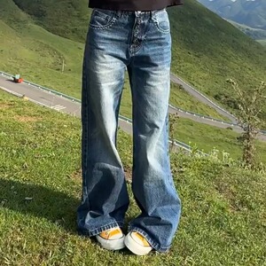 Y9285-P53 复古水洗做旧牛仔裤新款港风ins潮高腰阔腿宽松垂感图片