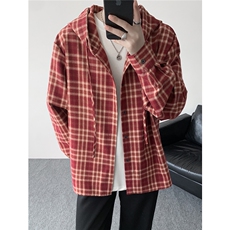 连帽格子衬衫男春季宽松大码慵懒风复古潮牌格纹休闲外套CS29011，男装衬衫，电商B312