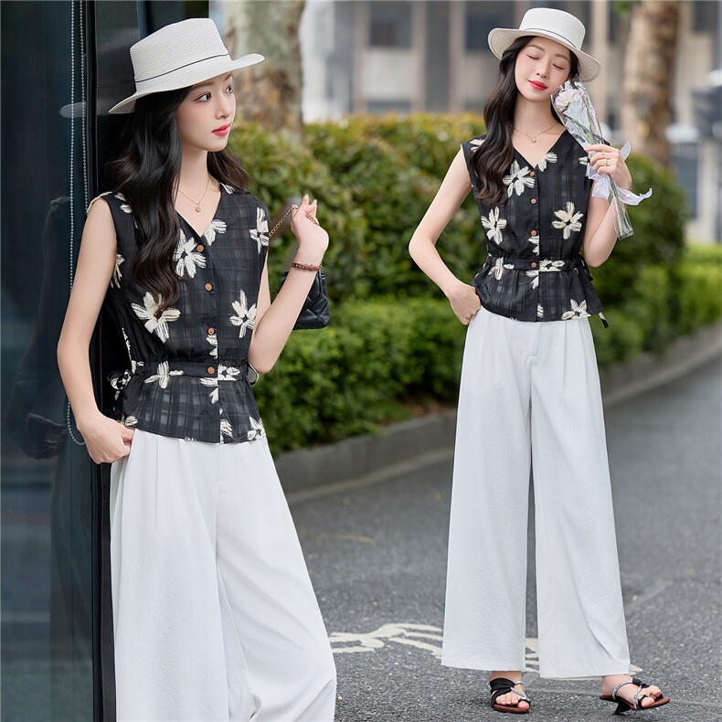 现货2026夏季新款时尚系带收腰高级感无袖马甲+阔腿裤两件套女潮，女装套装/套裙，尚洛菲