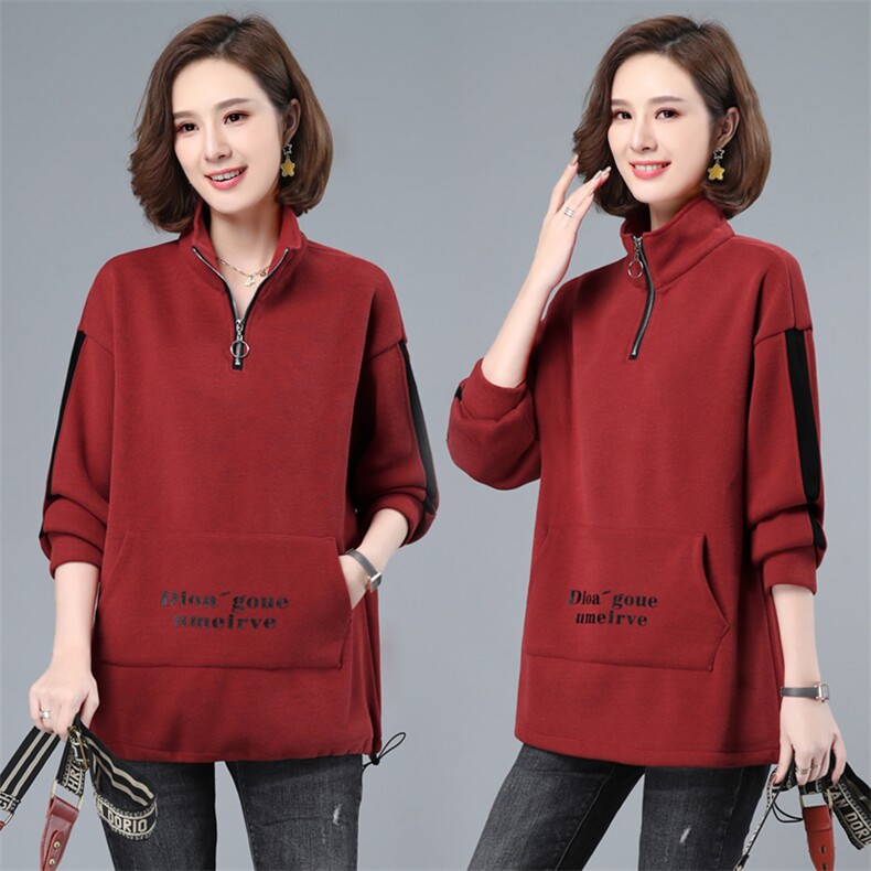 立领加绒卫衣女士长袖2021新款韩版宽松休闲百搭拉链高领套头上衣，女装卫衣/绒衫，璐依舞