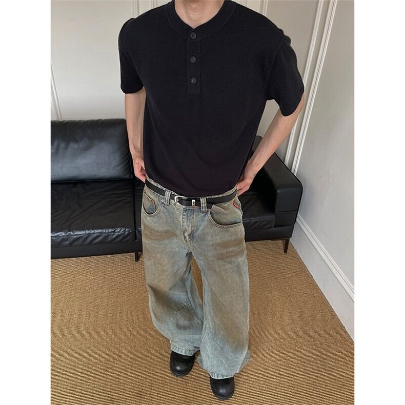 亨利领针织短袖男款高级感老钱风重磅正肩t恤cleanfit半截袖TS01,男装T恤,星座1116A（原606A-3）