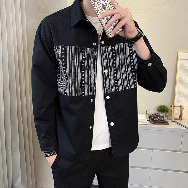 拼接衬衫男士2026春秋新款潮牌翻领痞帅休闲外套男秋装上衣服,男装衬衫,星座506A