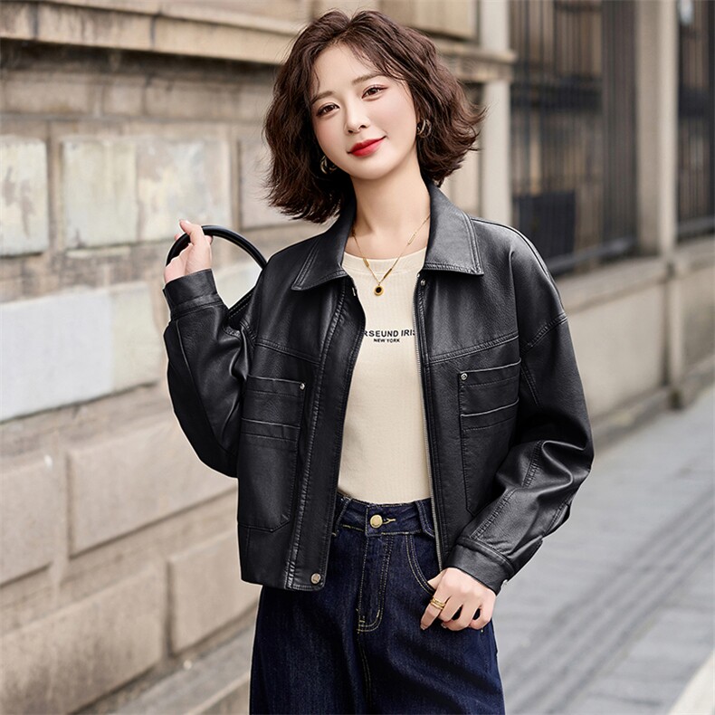 海宁皮衣女真皮短款2025春新款爆款时尚气质绵羊皮女士皮夹克外套,女装皮衣,臻衣坊