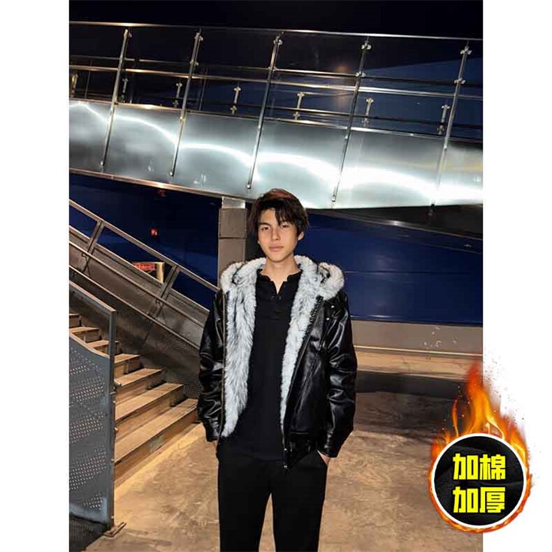 现货冬季美式潮牌痞帅PU皮机车服棉衣毛毛绒狼王座山雕皮棉服,男装棉衣,电商A486