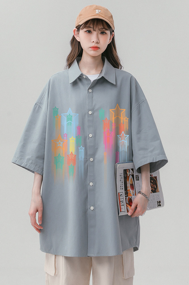 中性风新款美式夏季衬衫少女宽松潮流百搭衬衣外套S6205P35控48,男装衬衫,电商A268