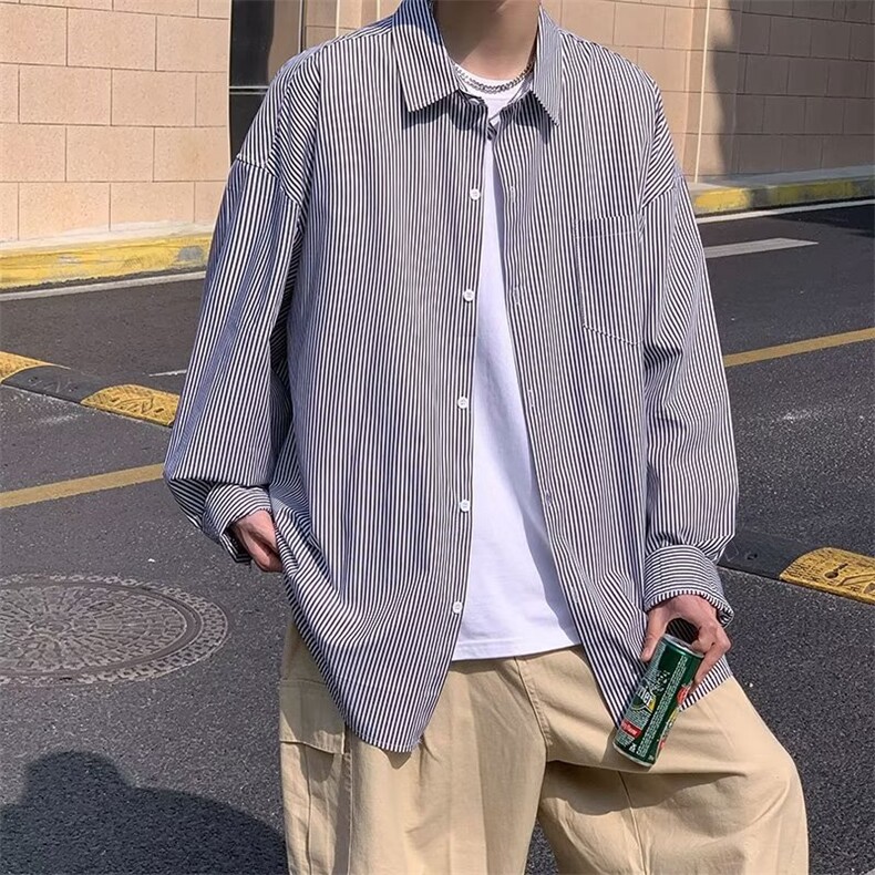 日系小清新竖条纹衬衣男秋季宽松潮流中性长袖衬衫外套CS2008-P30,男装衬衫,星座1008