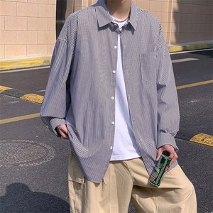 日系小清新竖条纹衬衣男秋季宽松潮流中性长袖衬衫外套CS2008-P30图片