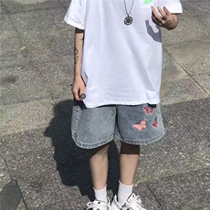 复古蝴蝶刺绣直筒牛仔短裤女夏季ins港风宽松韩版阔腿五分裤男女，男装牛仔裤，星座1210-1