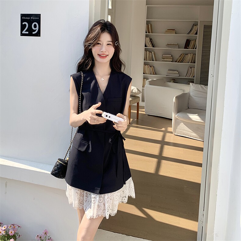 藏青色蕾丝拼接减龄西装裙女2025夏季新款韩版休闲显瘦气质连衣裙图片