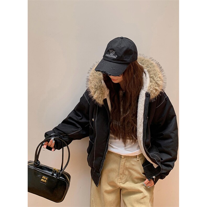 现货重磅boxy短款棉衣座山雕大毛毛领男女棉服水洗工装厚外套，男装棉衣，电商A486-1