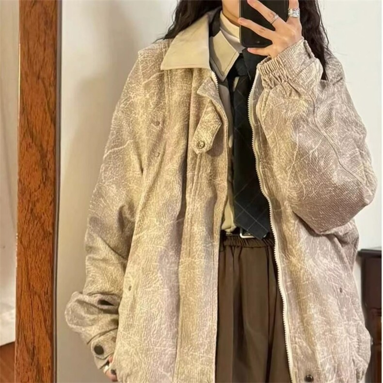 港风秋款男女灯芯绒夹克衫PU皮领扎染宽松休闲外套JK686 P75图片
