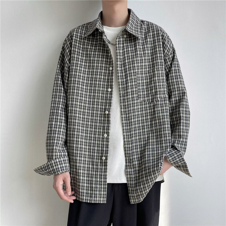 EH22-P35美式复古衬衫男长袖春秋季新款潮牌格子衬衣宽松休闲外套,男装衬衫,星座1503-1