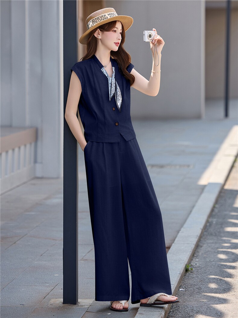 休闲时尚亚麻套装女2026夏季新款韩系减龄无袖上衣阔腿裤两件套潮,女装套装/套裙,意芙