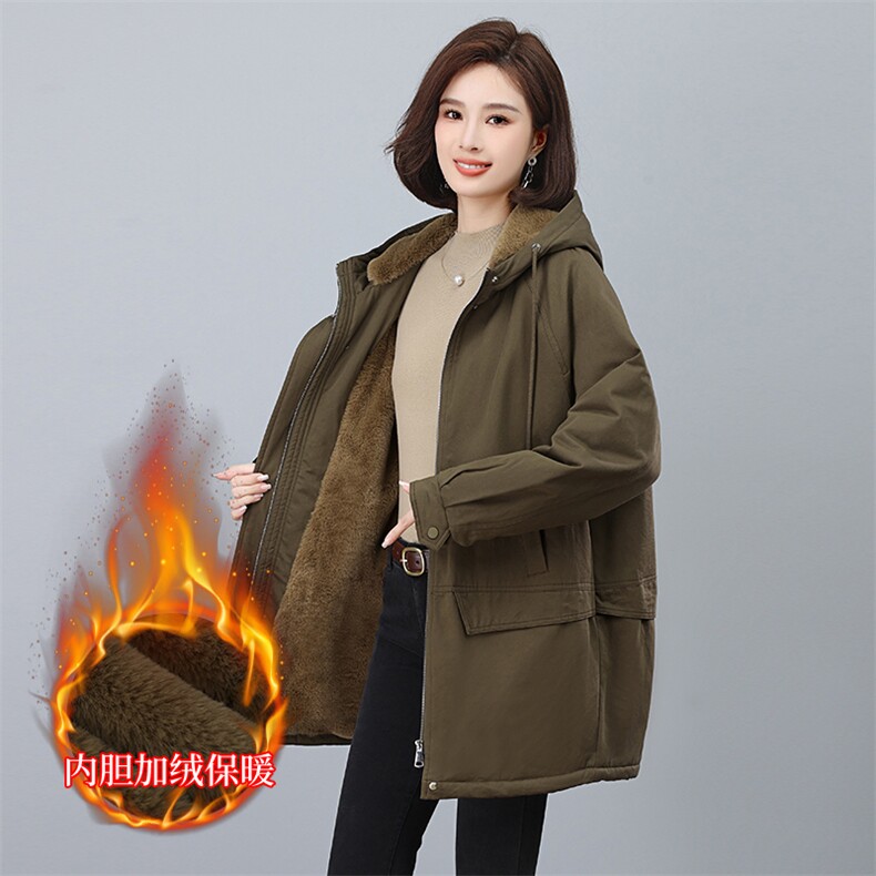加厚棉衣中长款女2024年秋冬装新款妈妈装加绒宽松大码派克服外套,女装派克服,希欧阁
