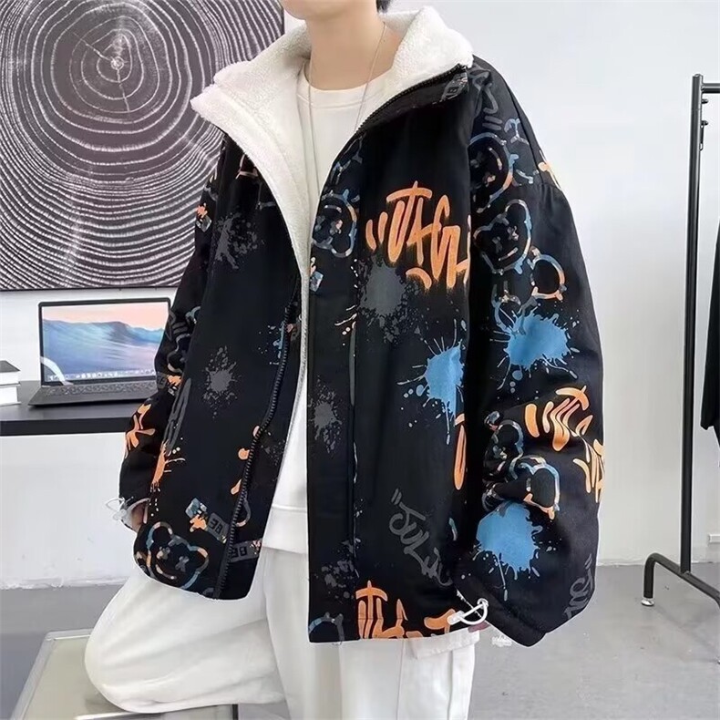 涂鸦棉服男女春季街头潮牌时尚压褶潮流双面穿棉衣外套201/P60,男装棉衣,星座506