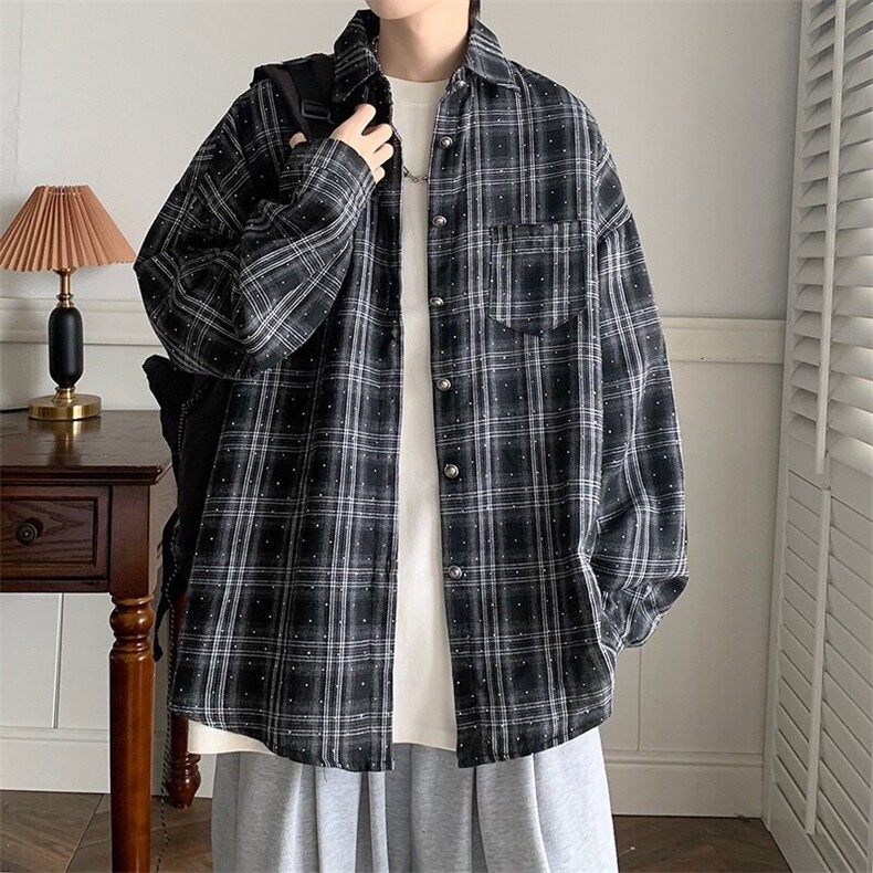 D8879-P50美式复古格子衬衫男女外套春秋季设计感宽松衬衣上衣潮,男装衬衫,星座603-2