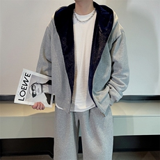 冬季休闲正反两穿毛绒连帽外套加绒弯刀阔腿长裤套装男TZ271-P235，男装休闲套装，电商B267