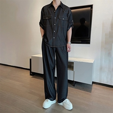 夏季垂感抗皱天丝牛仔短袖衬衫套装高级衬衣裤子两件套TZ258-P140，男装T恤，电商B267
