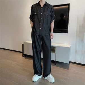 夏季垂感抗皱天丝牛仔短袖衬衫套装高级衬衣裤子两件套TZ258-P140图片