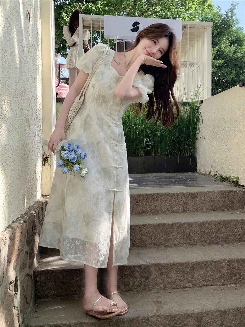 新中式给g风盘扣印花收腰连衣裙,女装连衣裙,采品优优