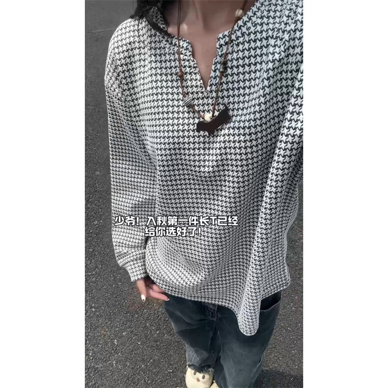 XZ809A/SYR13/特P24/控48千鸟格小香风V领长袖T恤卫衣,男装T恤,星座809A(原222-1)