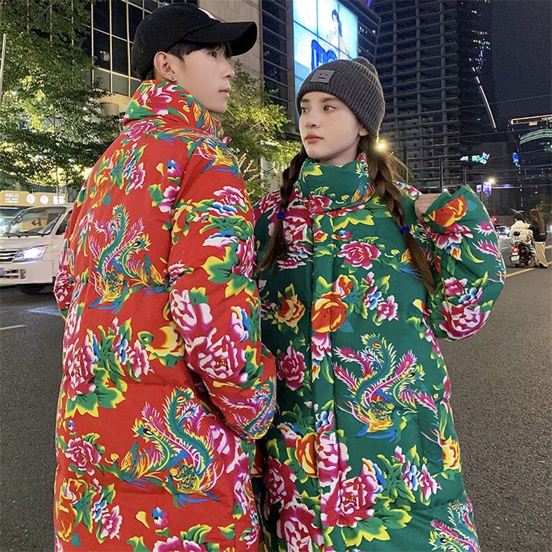 A3长款棉衣外套东北大花风汉服男女宽松保暖防寒棉袄潮情侣装,男装棉衣,星座115A(原星座507）