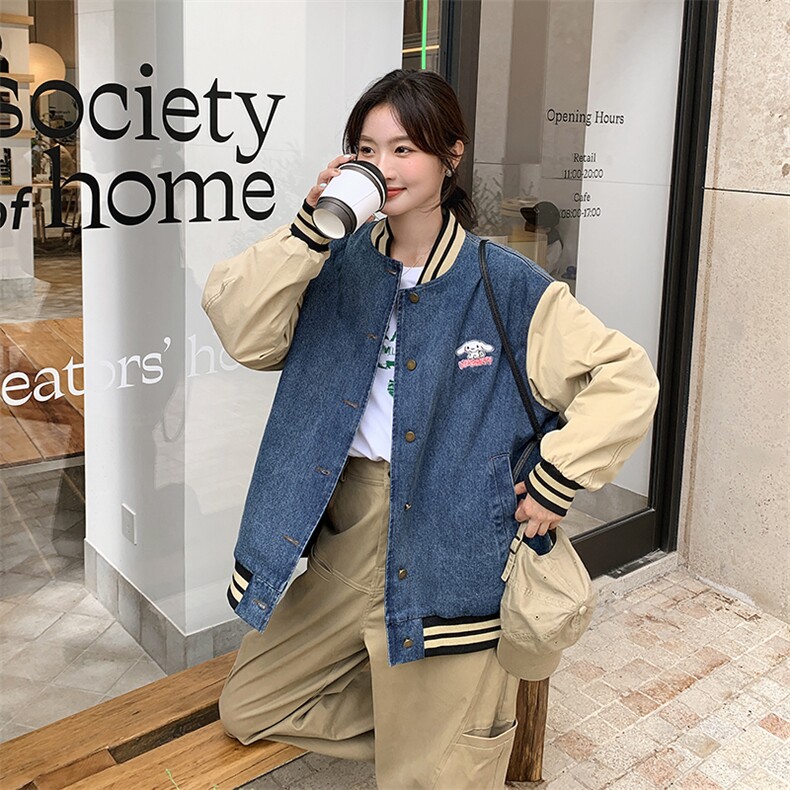 美式复古休闲夹棉牛仔外套女春秋季宽松百搭bf慵懒风棒球服夹克潮,女装牛仔外套,天使之佳话