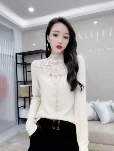5060#新西兰羊绒针织面料拼蕾丝，性感小女人味百搭打底,女装,红妞(1F)