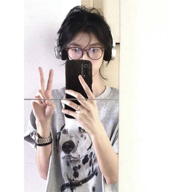 T0688-P25灰白色高级感斑点狗卡通纯棉短袖情侣宽松大版,男装T恤,星座617A-2