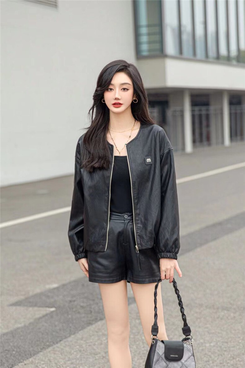 2025春季新款女装时尚气质韩版休闲机车圆领皮衣外套,女装短外套,泰合衣坊