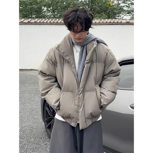 现货5W件冬季三防重磅硬挺boxy短款羽绒立领PU皮棉衣外套加厚棉服图片