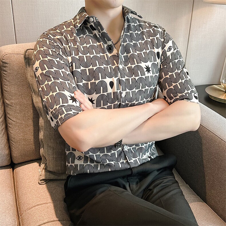 CS821-P50夏季新款潮流时尚冰丝免烫痞帅印花高级感垂感衬衣,男装衬衫,星座507A（原星座306B-2）