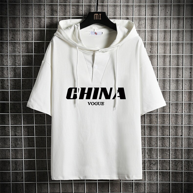 LD54001-P45连帽短袖t恤男大码胖子带帽五分袖中袖网格挂拍,男装T恤,电商A040A
