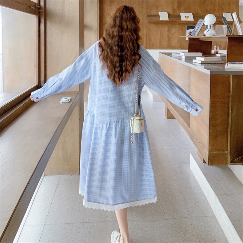减龄少女感条纹蕾丝拼接连衣裙2025秋季气质日系温柔甜美风衬衫裙,女装连衣裙,2D116