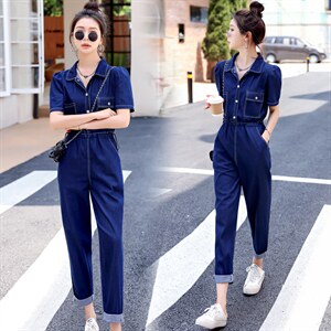 2024夏季新款简约时尚个性气质翻领抽绳收腰显瘦牛仔连体长裤,女装连体裤,瑶迪依秀