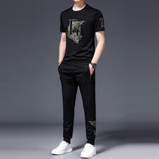 爸爸冰丝夏装套装2023新款中老年运动套装男士父亲短袖t恤休闲服，男装休闲套装，电商B212（原钱塘6029）