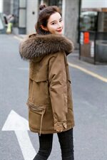 棉衣/棉服2021新款冬兔毛中长款工装带帽棉服女外套配毛领，女装派克服，瑶迪依秀