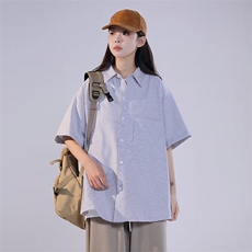 条纹短袖衬衫男女2026年新款夏季日系潮牌宽松休闲工装衬衣外套，男装衬衫，星座601-1