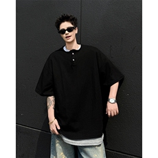夏季新款假两件亨利领短袖T恤潮流宽松休闲百搭上衣，男装T恤，星座410-7