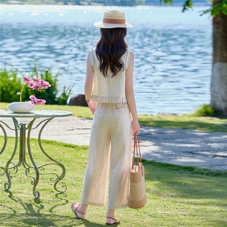 2026年夏季老钱风麻料两件套上衣加阔腿裤显瘦套装,女装套装/套裙,E百度